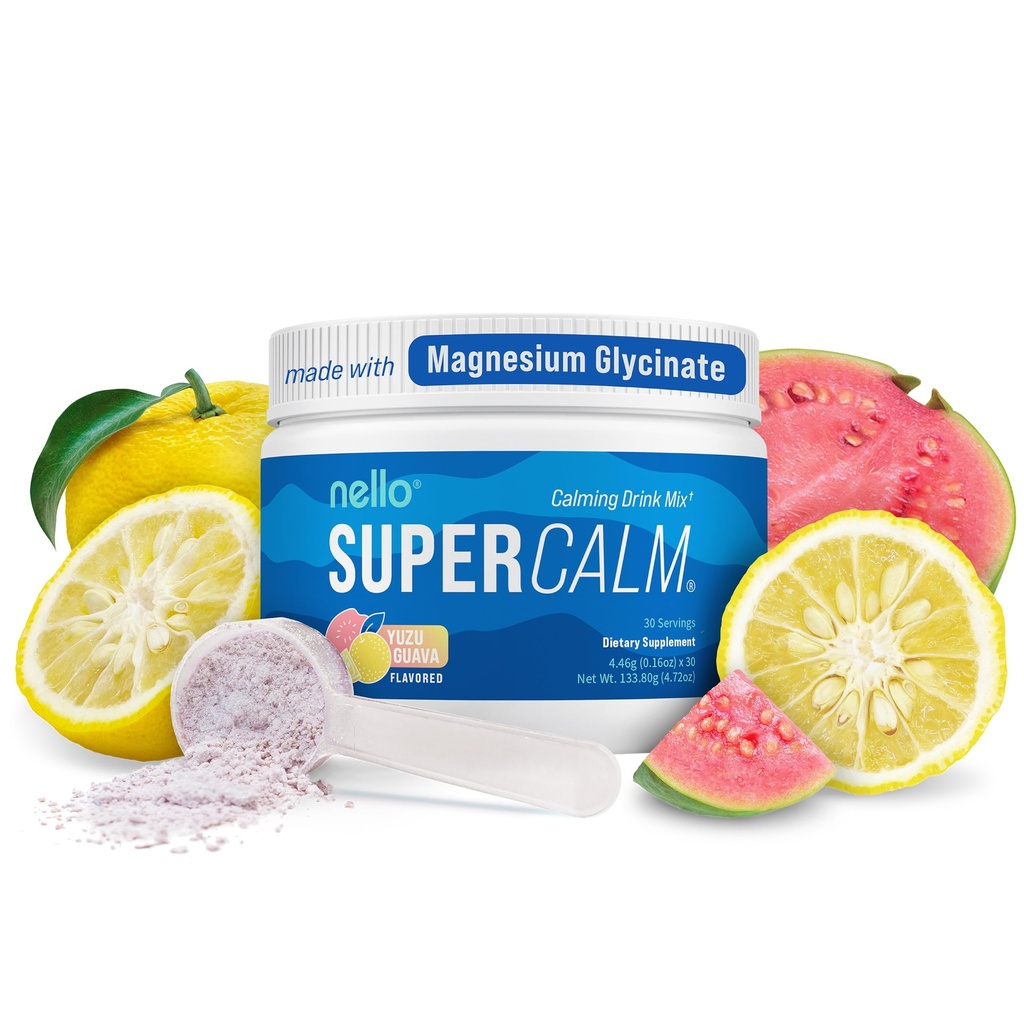 Nello Supercalm Powdered Drink Mix, Yuzu Guava, L Theanine, Ksm-66 Ashwagandha, Magnesium Glycinate, Vitamin D 3, Supplements for Relaxation & Focus, No Sugar, Non GMO, On The Go, 30 Srvgs