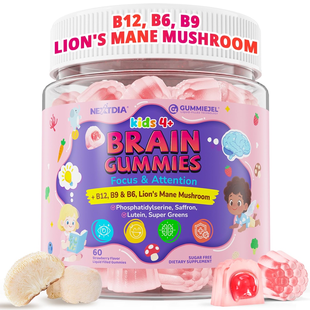 Kid Focus Gummies, Lion's Mane Mushroom Gummies for Kid Brain - Methyl B6, B9, B12 + Super Greens - Focus and Attention Supplements, Cognitive Function & Energy & Vision Support - 60 Vegan Gummies