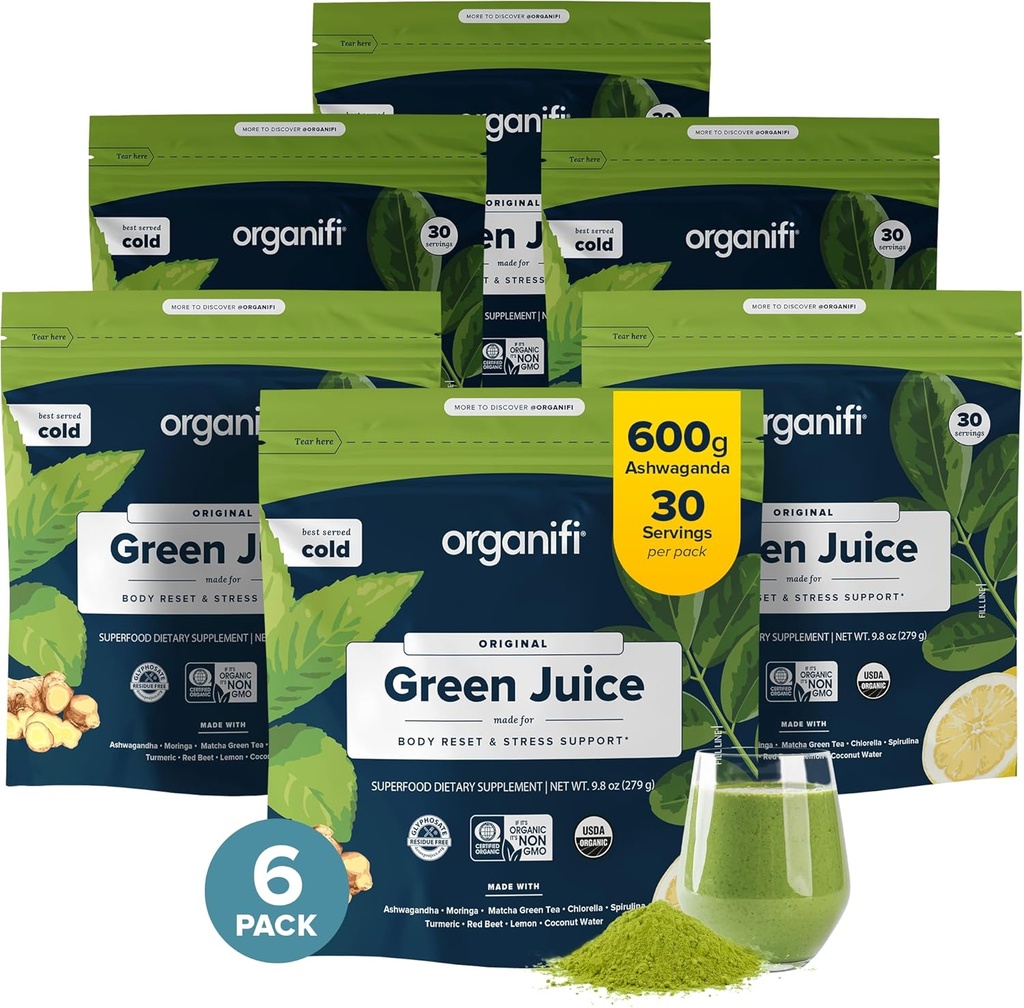 Organifi Green Juice - Organic Superfood Powder - 180-Day Supply - Organic Vegan Greens - Helps Decrease Cortisol - Provides Better Response to Stress - Supports Weight Control - Total Body Wellness