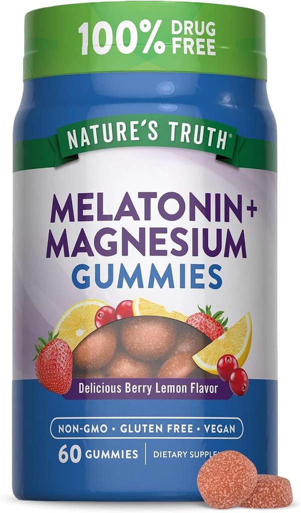 Nature's Truth Melatonin with Magnesium Gummies | 60 Count | Berry Lemon Flavor | Vegan, Non-GMO & Gluten Free Supplement