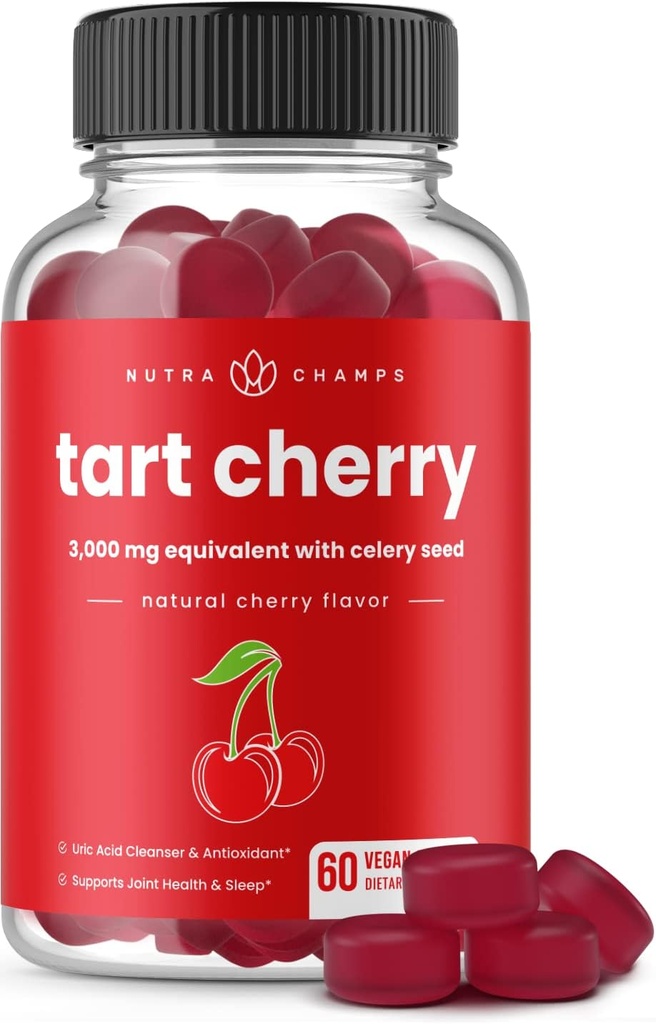 NutraChamps Tart Cherry Gummies - 3000mg Tart Cherry Extract with Celery Seed - Uric Acid Cleanse Supplement - Antioxidant, Joint Comfort, Flexibility, Immune Health, Sleep - 60 Vegan Gummies
