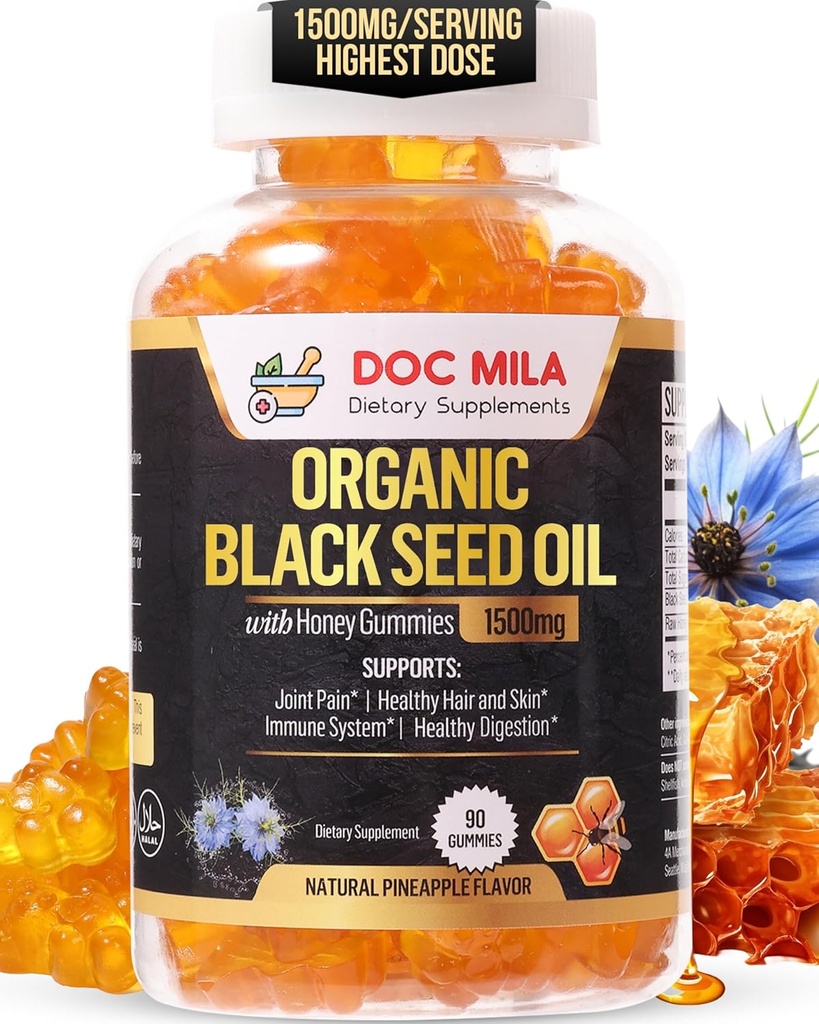 Organic Black Seed Oil Gummies 1500mg - Black Seed Oil Softgels Capsules with Honey, Pineapple Flavor - Gluten Free, Soy Free & Non-GMO