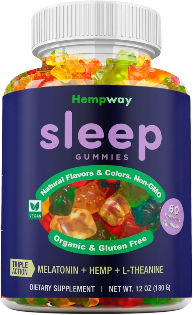 Hemp Sleep Gummies Triple Action | Promotes Healthy Sleep | Relaxes Body & Mind | Made in USA | 5mg Melatonin | 200mg Hemp | 10mg L-Theanine | 60 Organic Gummies