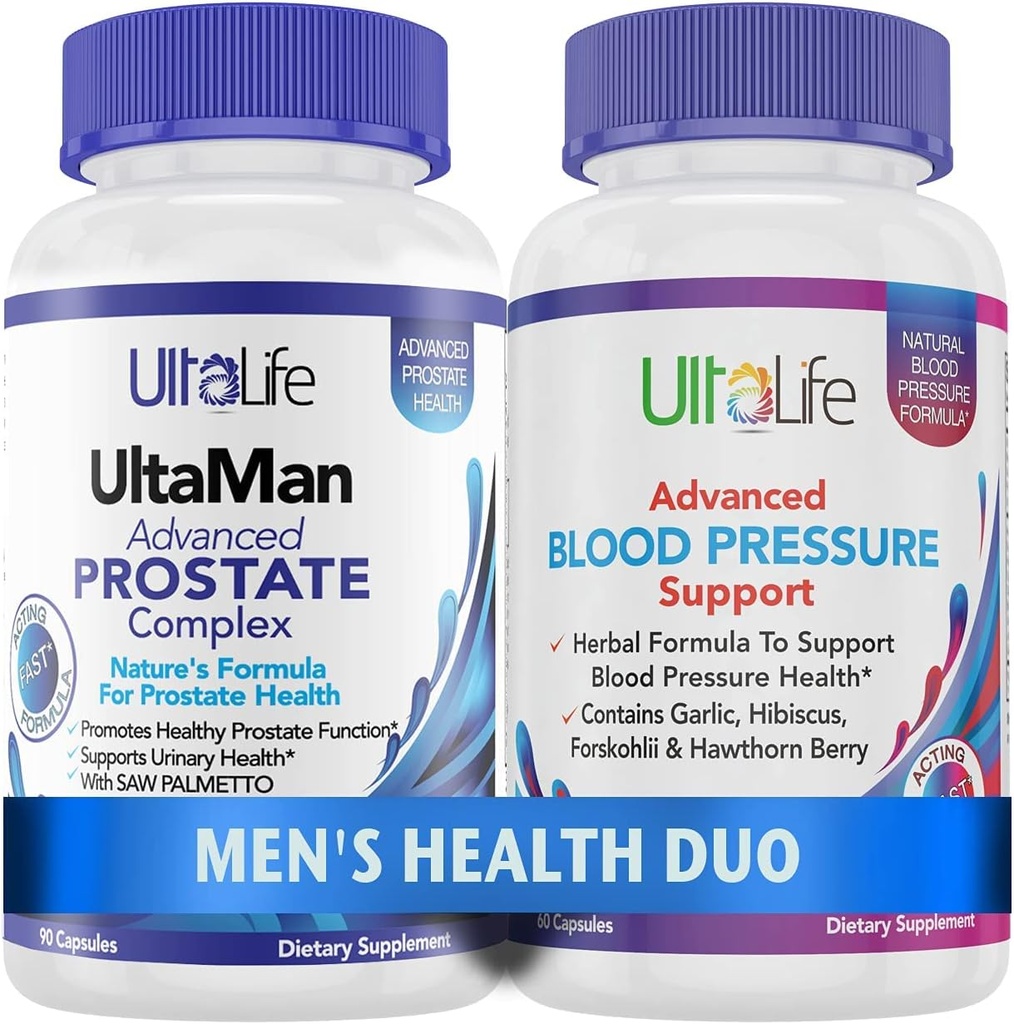 Men's Health Duo - 2 Bottles - One Prostate Support Complex with Saw Palmetto & Beta Sitosterol & One HIGH Blood Pressure Supplement with Garlic & Hawthorn Berry Fast-Acting Capsules for Men