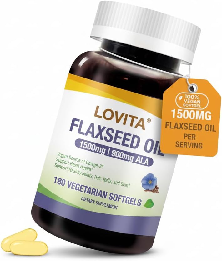 Lovita Vegan Flaxseed Oil 1500mg with 900mg ALA Omega-3 6 9, Cold-Pressed Flax Seed Supplement, Support Heart, Brain, Joint & Skin Health, Non-GMO & Gluten Free, 180 Softgels