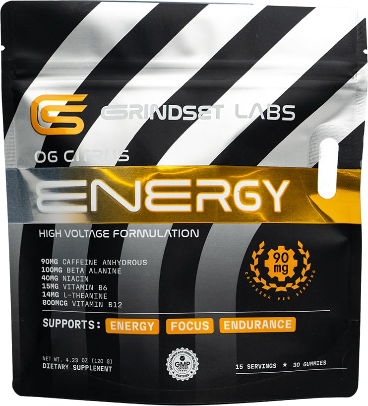 Energy Gummies, 90mg Caffeine with Beta-Alanine, L-Theanine, B12 and B6, Focus and Endurance, VeganNon-GMOO, OG Citrus, 30 Count