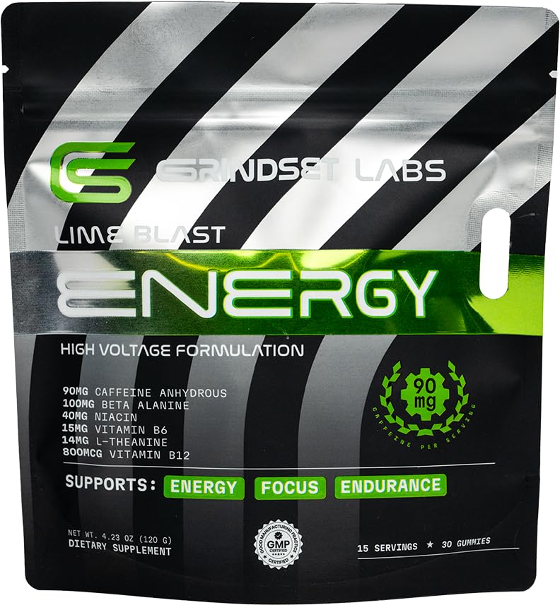 Energy Gummies, 90mg Caffeine with Beta-Alanine, L-Theanine, B12 and B6, Focus and Endurance, Vegan Non-GMO, Lime Blast, 30 Count