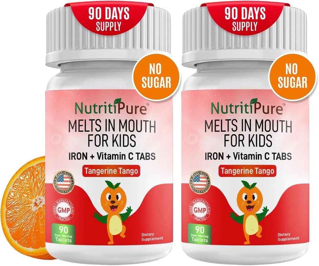 Chewable Iron Supplements for Kids (Ferronyl®/Carbonyl Iron 9 mg with Vitamin C 30 mg) Tablet in Tangerine Tango Orange Flavor Kids Iron Supplement 90 Count (2 Bottles)