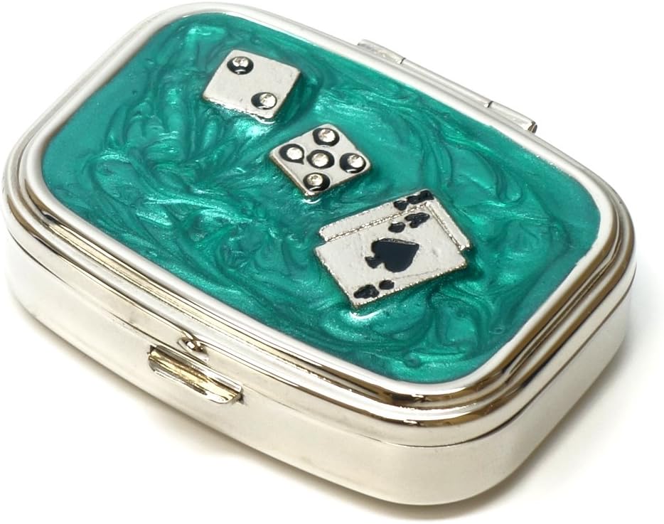 9338 Rectangular Small Pill Box Organizer Aqua Green Silver Poker & Dice Women Travel Pill Case Purse Pocket Container Daily Portable Medicine Vitamin Box Medication Supplement Mini Storage