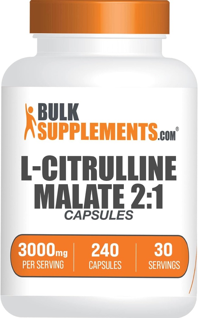 BulkSupplements.com L-Citrulline Malate Capsules - as L-Citrulline Malate 2:1, Nitric Oxide Supplement - Gluten Free, 8 Capsules per Serving (3000mg), 240 Count (Pack of 1)
