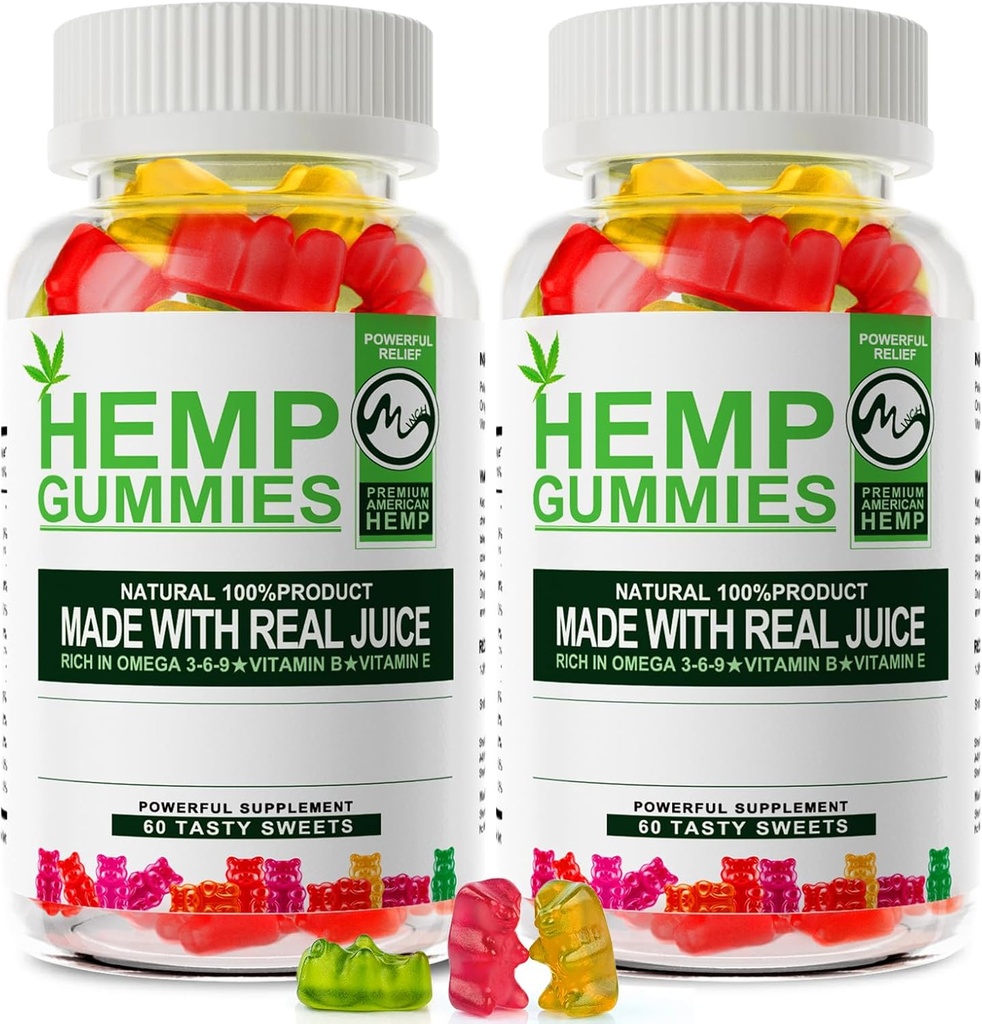 M inch 2 Pack Hemp Gummies 1 200 000mg High Strength Stress Relief Fruity Gummy Bear with Hemp Oil 100percent Natural Hemp Candy Supplements Promotes Sleep and Calm Mood 60 Count Pack of 2