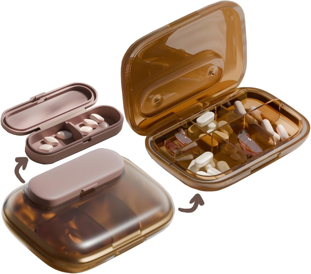 MURRI&MURRDI Travel Pill Organizer, 6 Compartments Small Pill Container, Daily Pill Box to Hold Vitamins, Portable Pill Case for Pocket Purse Medicine Organizer Detachable （G Coffee）