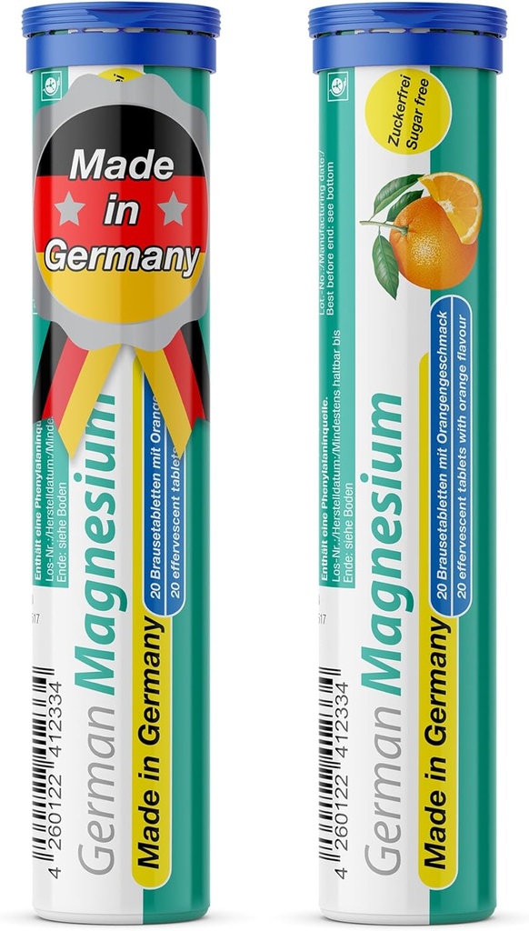 German Magnesium Oxide Supplement | Effervescent Tablets | Orange Flavor – 200 mg Magnesium per Serving | Sugar Free, Vegan – T&D Pharma – Made in Germany