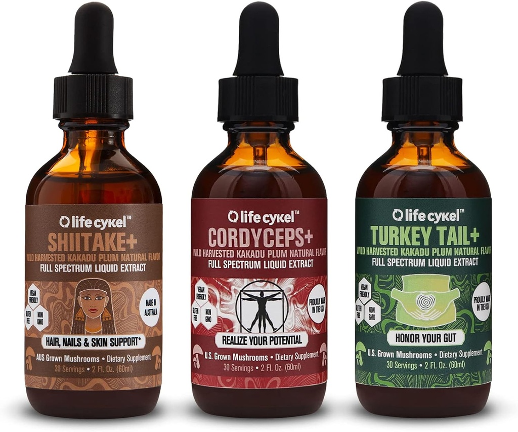 LIFE CYKEL AM Bundle- Energy Support, Immune System Support, Hair Skin & Nails Health- 100% Organic Mushrooms- Cordyceps Turkey Tail & Shiitake w/ Kakadu Plum, Made in the US, Non-GMO - 3 ct(2oz each)