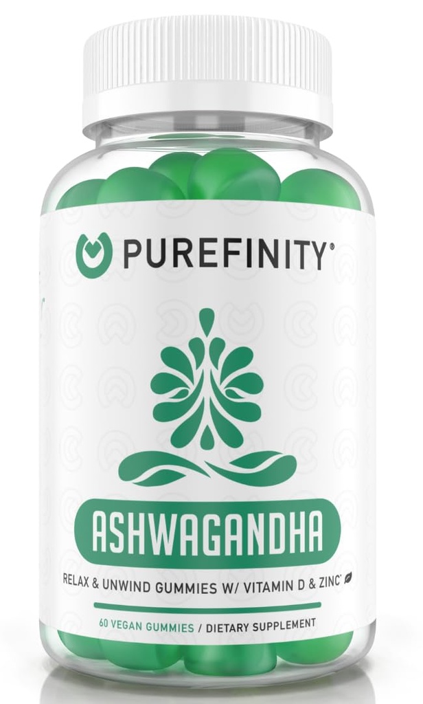 PUREFINITY Ashwagandha Gummies with Vitamin D & Zinc – Supplement for Relaxation, Calming, and Mood Support – Gluten Free, Non-GMO, Vegan, 60 Count