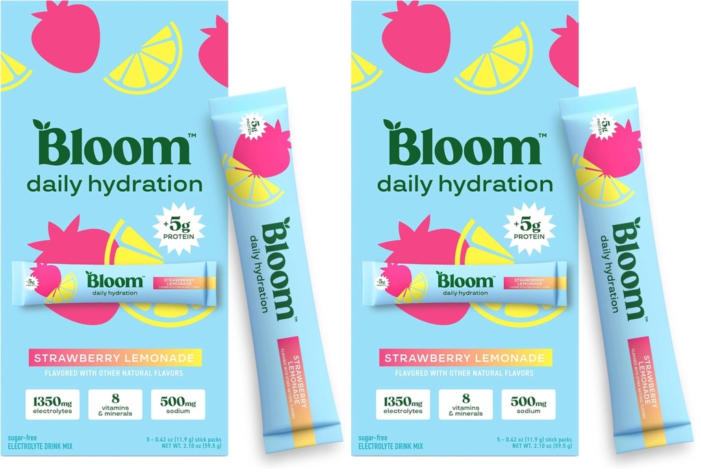 Bloom Daily Hydration Electrolyte Powder Packets with Collagen, 5g Protein, Electrolytes, Vitamins & Minerals, Sugar Free Drink Mix, Strawberry Lemonade, 5 Count (Pack of 2)