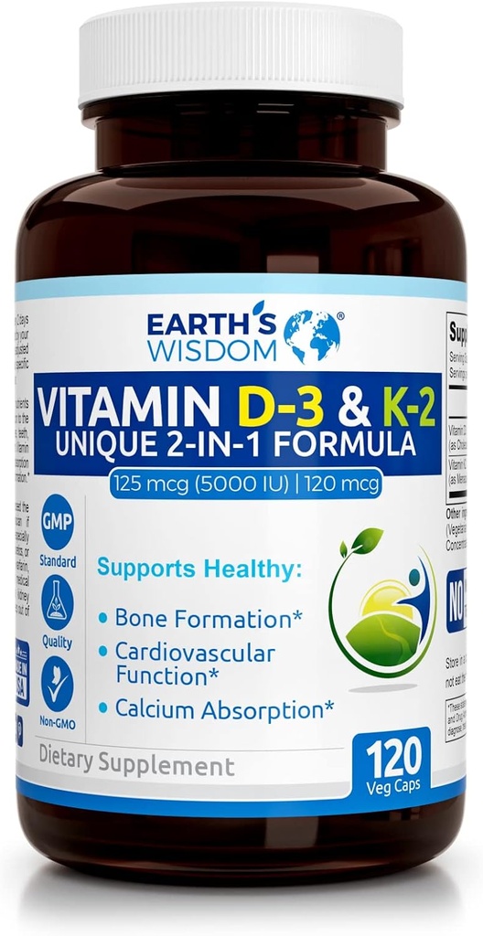 Earth's Wisdom Vitamin D3 5000 IU with K2 (MK7) Formula. Muscle, Bone, Heart & Immune Support. Superior Absorption. 120 Capsules. Free from Gluten, Dairy, Soy. Non-GMO. Manufactured in USA.