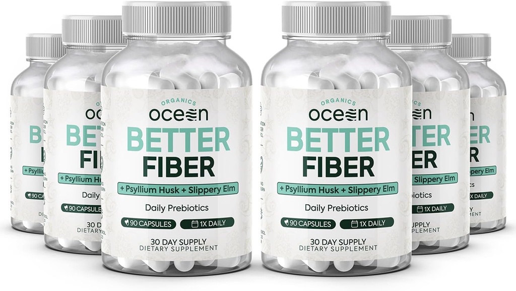 Better Fiber - Daily Fiber Supplement - Soften Stool for Effortless Bowel Movements - with Psyllium Hulk and Slippery Elm - 6 Bottles