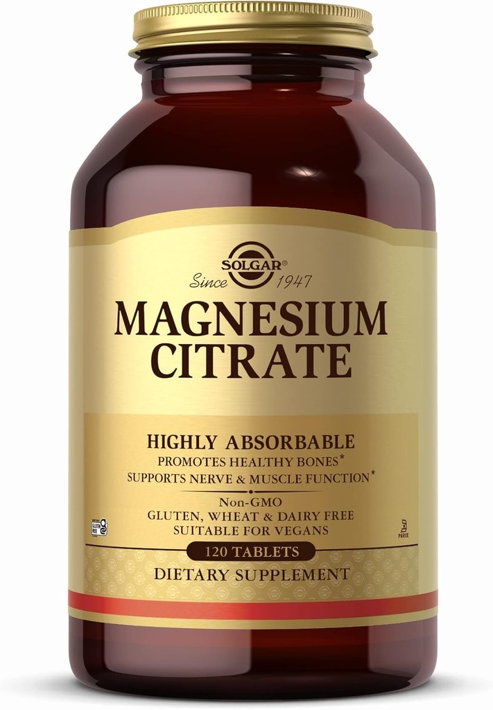 Solgar Magnesium Citrate - 120 Tablets - Promotes Healthy Bones, Supports Nerve & Muscle Function - Highly Absorbable - Non-GMO, Vegan, Gluten Free, Kosher - 60 Servings