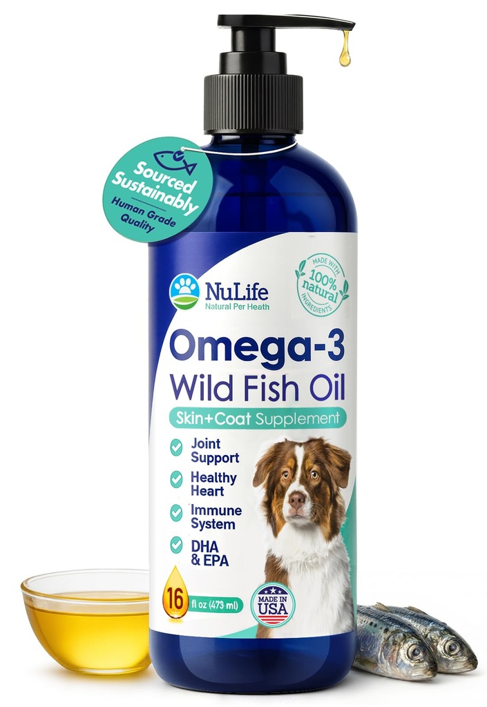 Liquid Fish Oil for Dogs with Omega 3, 6 & 9 Fatty Acids, Wild Caught from Iceland, Skin and Coat Supplement for Shedding, Itchy Skin, Allergies, Brain and Heart Health, Rich in EPA + DHA - 16 oz