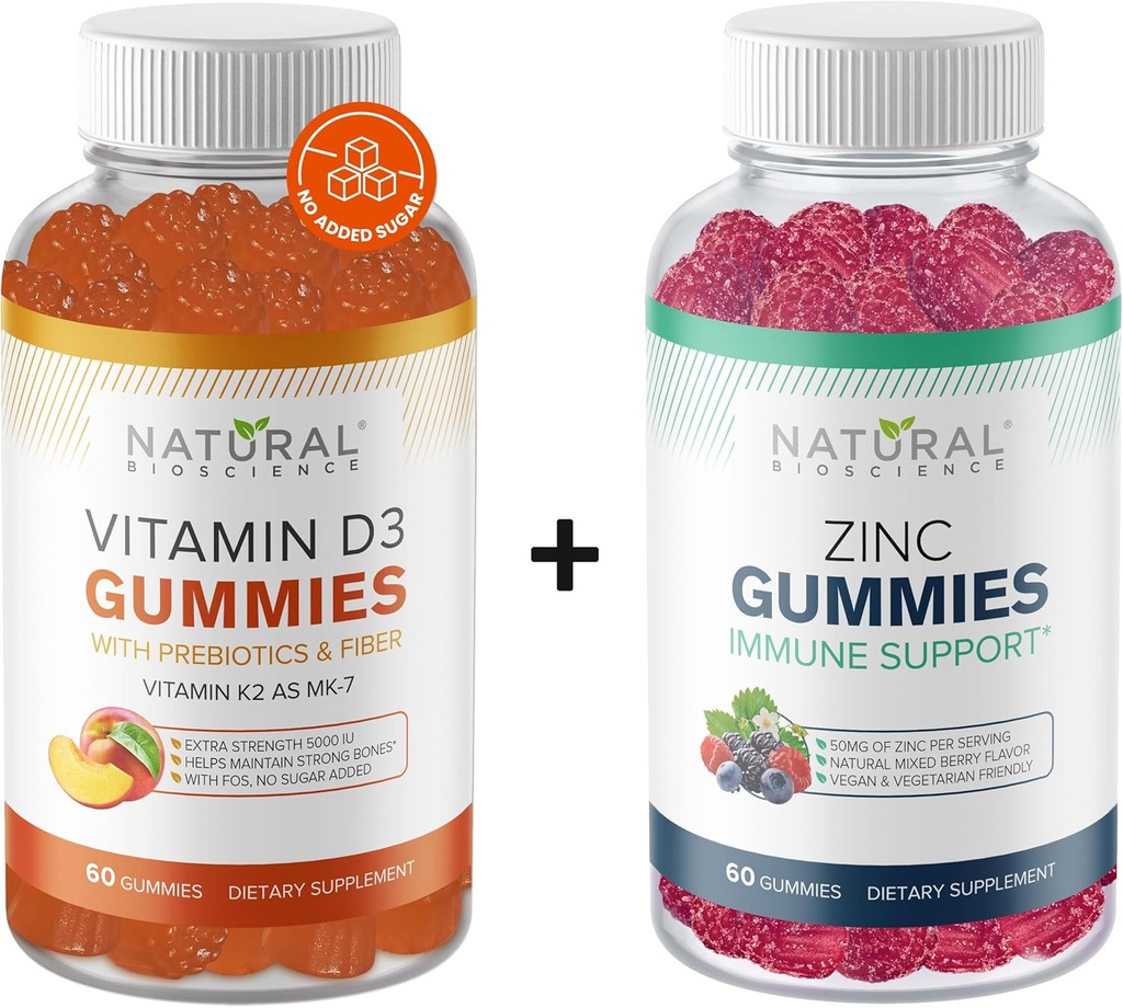 Sugar Free Vitamin D3 K2 Gummies 5000 IU & Zinc Gummies 50 mg, Extra Strength, Immune Support, Bone Health, Heart Health, Skin Support, 60 Gummy Vitamins