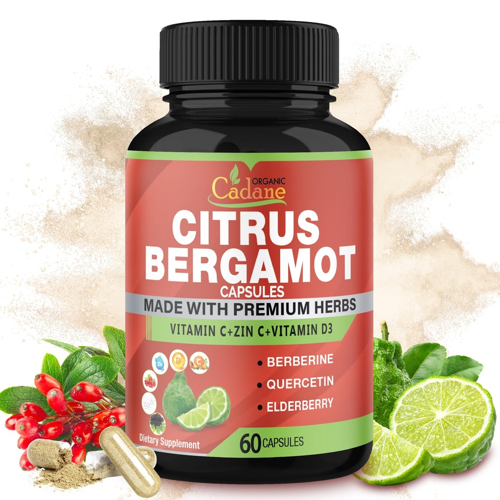 Organic Cadane Citrus Bergamot Extract Capsules & VitC, D3, Zin.C, Berberine, Quercetin, Elderberry, Bromelain, Nettle, Olive and More | Support Overall Health, Immune System, 60capsules