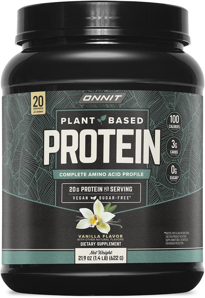 ONNIT Plant-Based Protein Powder, Vanilla Flavor, 20g Protein per Serving, Vegan and Dairy Free Dietary Supplement with 20 Servings per Tub, 21.9 oz