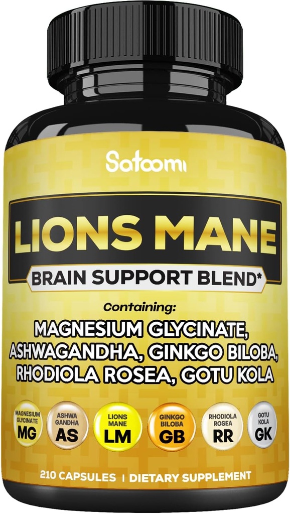 Lions Mane Supplement Capsules with Magnesium with Ashwagandha Root, Ginkgo Biloba, Rhodiola Rosea and Gotu Kola - 210 Vegan Capsules - Support Brain Health, Positive Mood & Energy Production