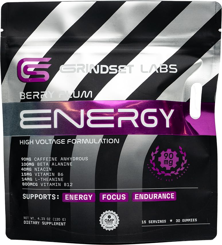 Energy Gummies for Men and Women, 90mg Caffeine with Beta-Alanine, L-Theanine, B12 and B6, Pre Workout Focus and Endurance Support, Vegan Non-GMO, Berry Plum, 30 Count