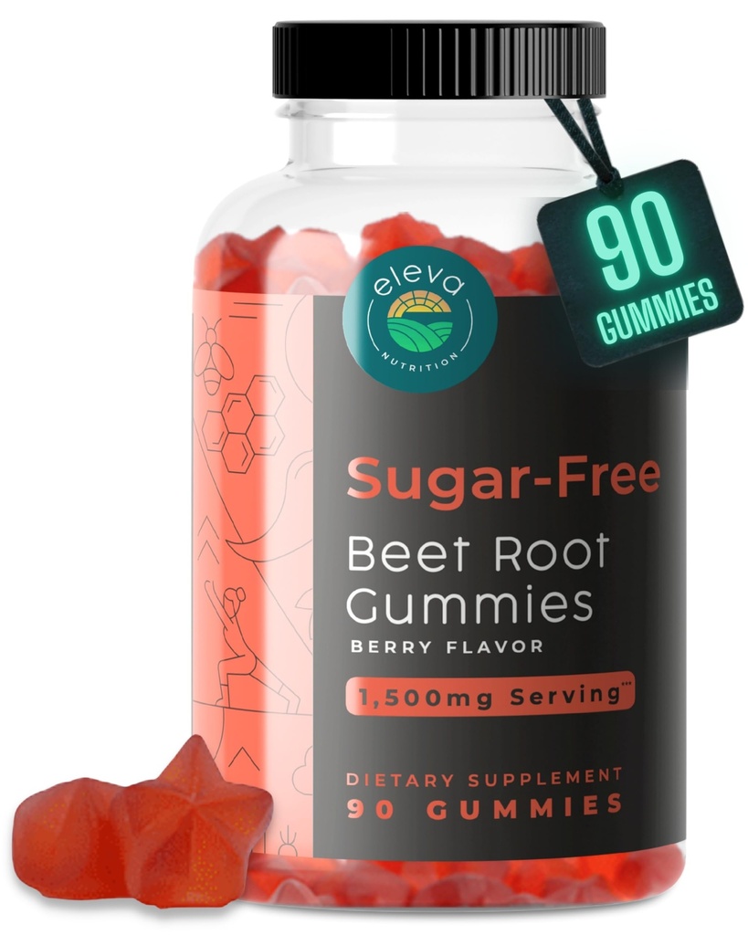 Sugar-Free Beet Root Gummies- Vitamin C & B9- Memory & Focus Chews- Nitric Oxide -Energy Beet Supplement- 90 Organic Beetroot Chews for Men & Women
