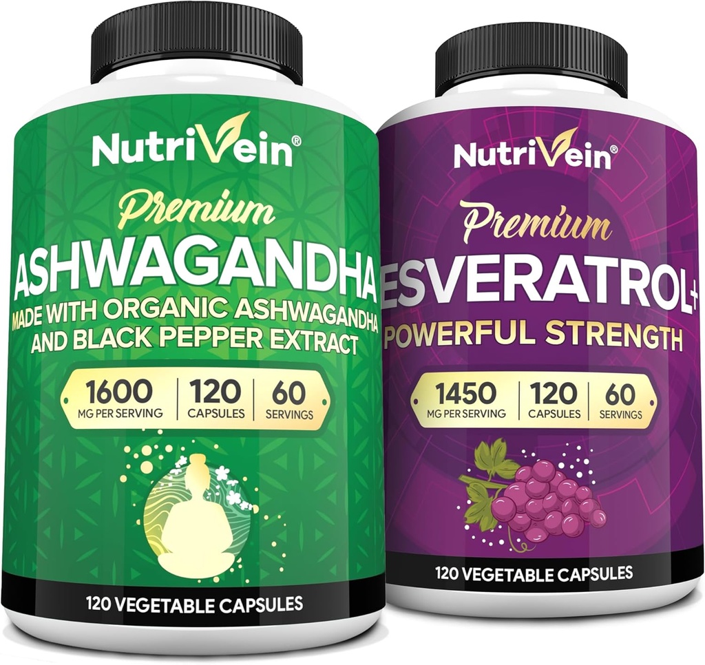Nutrivein Premium Ashwagandha Capsules & Resveratrol Supplement Bundle: High-Absorption Resveratrol Capsules and Ashwagandha Supplements for Balance, Vitality, & Repair