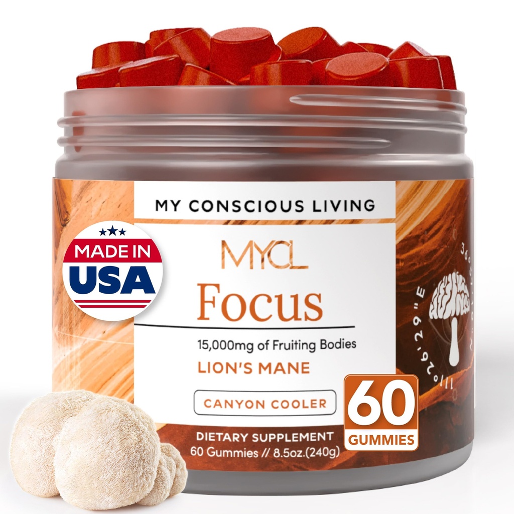 Lions Mane Mushroom Gummies for Focus and Memory - 500mg Fruiting Body Extract - Cognitive Support and Brain Health Supplements for Adults and Kids - Vegan, Gluten-Free - Canyon Cooler - 30 Servings