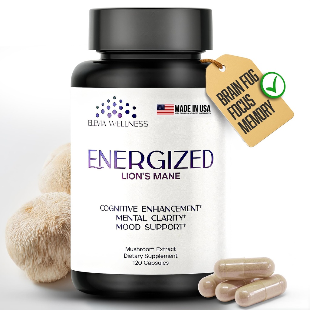 Energized Lions Mane Supplement Capsules (120capsules),Brain Supplements for Memory and Focus, Nootropic for Brain Fog Relief,Made in USA,30% Polysaccharides,Natural Brain Health Support