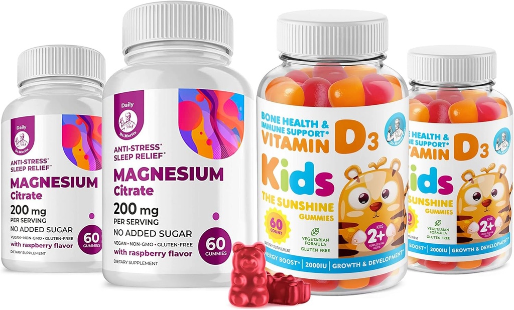 Vitamin D Gummies for Kids&Adults 2000 IU and Magnesium Gummies - Natural Vitamin D3 Supplements 1000IU - Vegetarian Gelatin-Free Immune Support with Sugar-Free Magnesium Calm Chews for Kids&Adults
