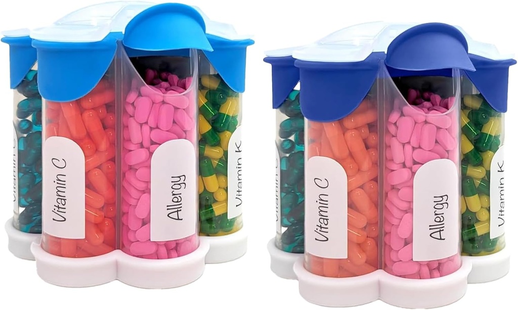 Extra Large Pill Organizer Daily, Weekly, Monthly Supplement Bottle, Cute Blossom Pill Dispenser with 7 XL Compartments (2 Pack Combo) (Light Blue and Dark Blue)