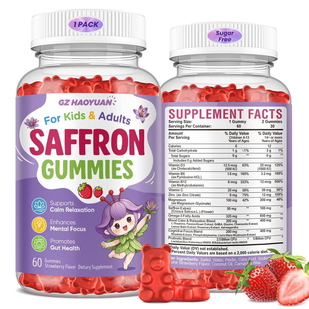 Saffron Gummies for Kids & Adults, 21-in-1 Saffron Supplements with 100mg Saffron Extract, L-Theanine, Magnesium, Omega-3, GABA, D3, B6, B12 & C, Supports Mood, Focus & Gut Health, Sugar-Free, Vegan