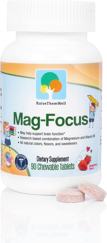 Magnesium Focus Supplement for Kids – 90 Chewable Tablets – Natural Strawberry Flavor – with Vitamin B6 – Calm, Focus & Relaxation Support – Non-GMO