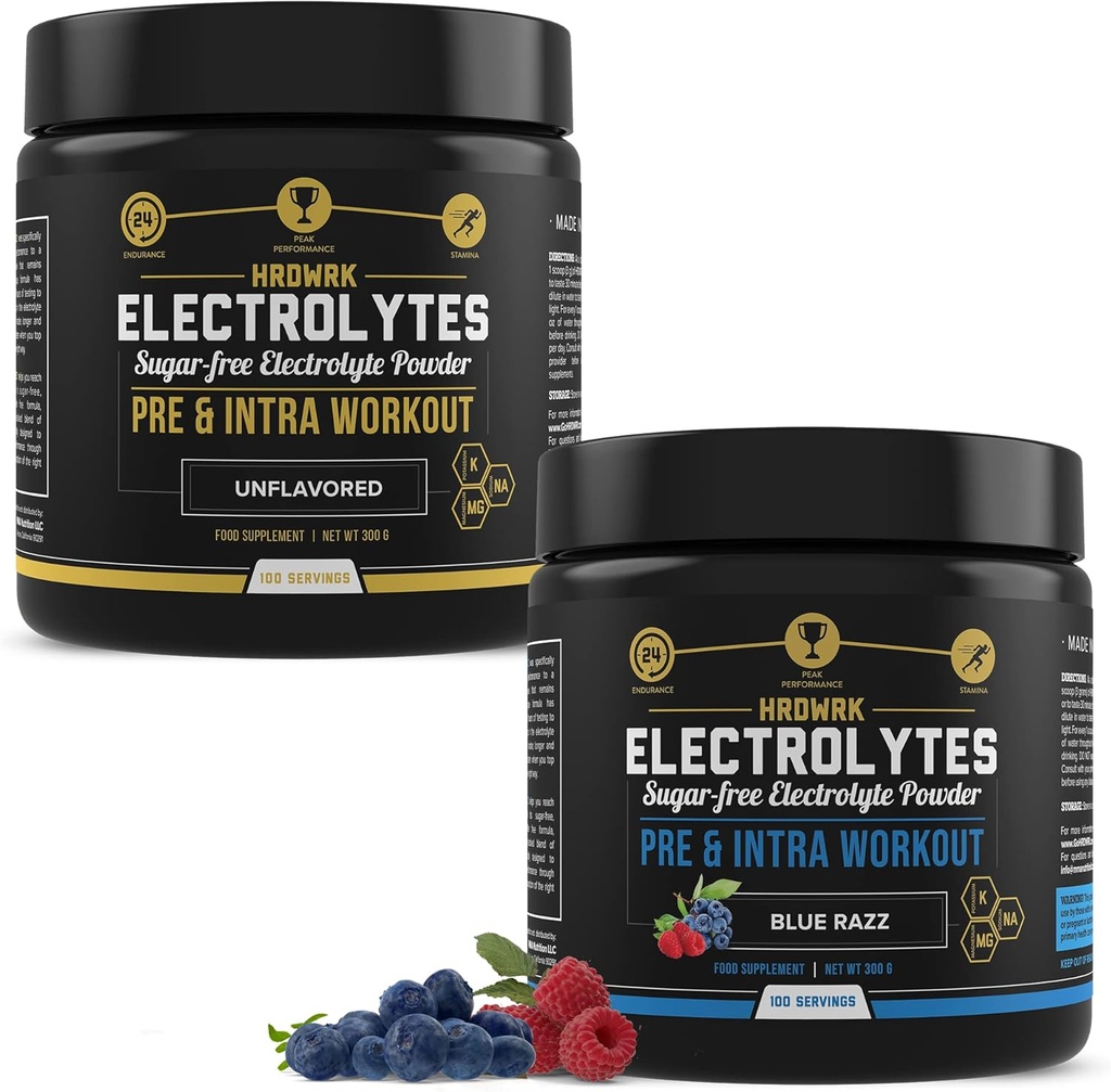 HRDWRK 100 Servings Keto Electrolytes Powder Hydration Sugar Free - Electrolyte Powder to Boost Endurance & Reduce Fatigue with Electrolytes Supplement - Unflavored & Blue Raspberry Set