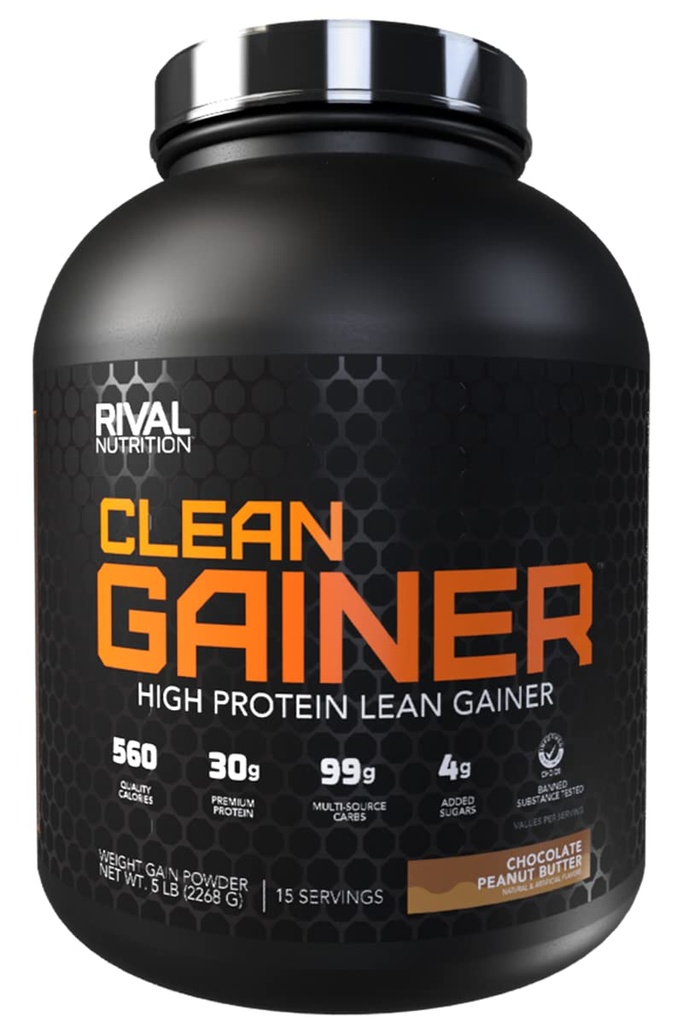Rival Nutrition Clean Gainer Chocolate Peanut Butter 5 Lb I High Protein Lean Gainer Powdered Drink Mix I 560 Calories, 30g Protein, and 99g Multi-Source Carbs Per Serving I 15 Servings
