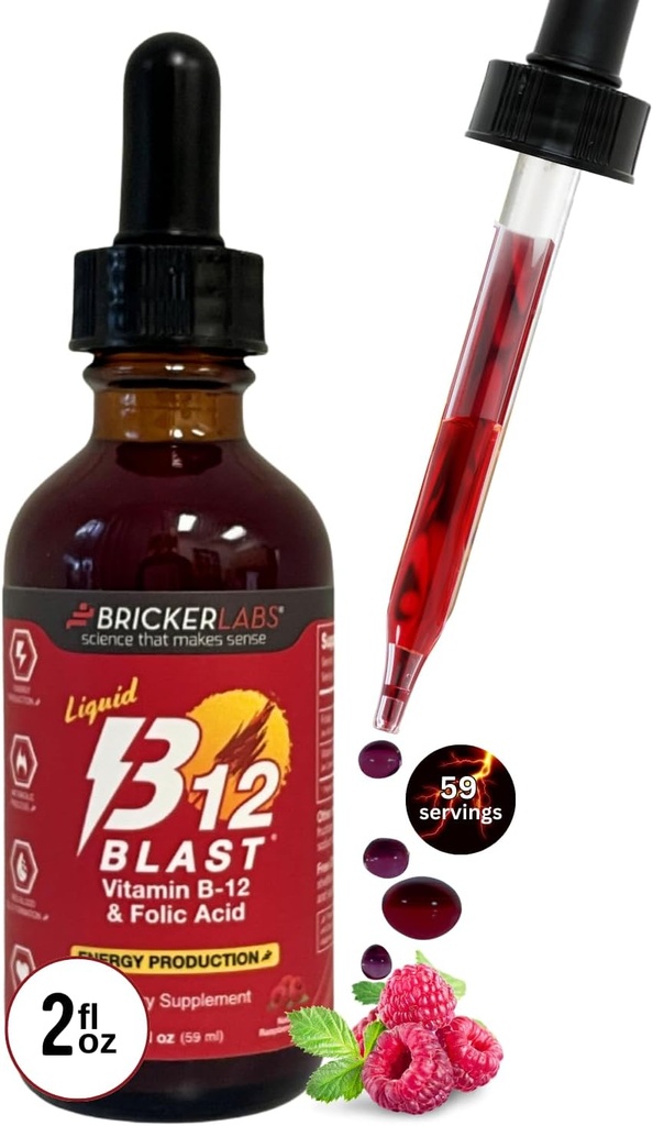 B-12 Blast Liquid Vitamin B12 and Folic Acid Supplement, Support Energy Production, Great Tasting Liquid Vitamin B12 Dietary Supplement in Natural Raspberry Flavor, 2 fl oz Bottle