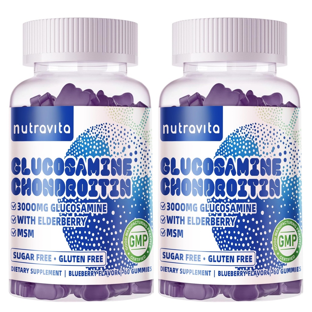 Nutravita Glucosamine Chondroitin Gummies with MSM & Elderberry Extra Strength - Joint Support, Antioxidant Immune Support Supplement for Adults, Men & Women.120 Blueberry Chews