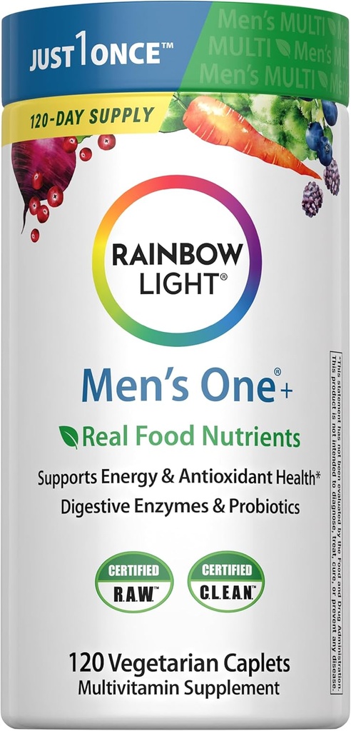 Rainbow Light Mens One Multivitamin, Men's Daily Multivitamin Provides High-Potency Immune Support, with Vitamin C, Vitamin D and Zinc, Vegetarian, 120 Count