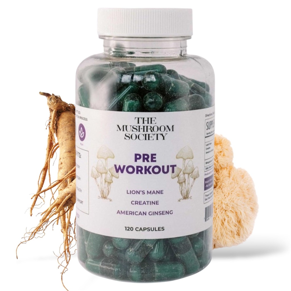 Pre-Workout Supplement - Focus & Performance Stack with Lion’s Mane, Creatine, American Ginseng & Beta-Glucans – Natural Energy & Endurance Without Caffeine - 120 Vegan Capsules