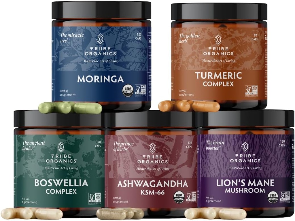 TRIBE ORGANICS Life Mastery Bundle – Organic KSM-66 Ashwagandha + Boswellia Complex + Curcumin C3 Complex + Organic Lions Mane + Organic Moringa