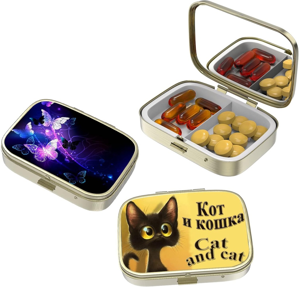 Small Pill Box,Pill Case for Purse&Pocket,3 Compartments Travel Pill Case Medication Organizer Storage for Vitamins, Pills, Fish Oil and Earrings, Studs,Bronze-Cat Butterfly