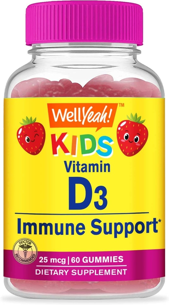 WellYeah Kids Vitamin D3 Gummies - 1000 IU (25 mcg)- Supports Bone Strength and Immunity - Non-GMO, Gluten-Free - Strawberry Flavor - Nutritional Supplement - 60 Servings
