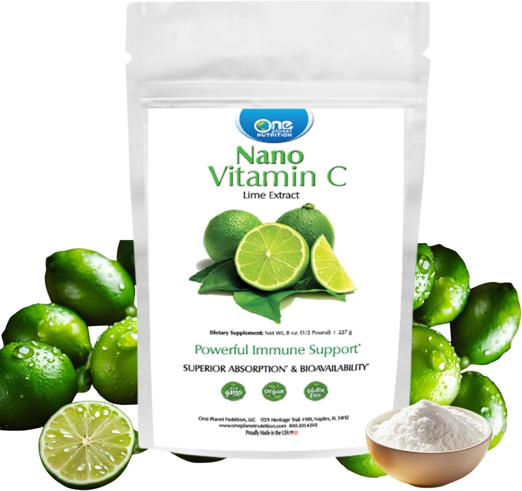 Nano Vitamin C Powder 8 oz (227 Servings), Ascorbic Acid from Lime Extract, Nano for Enhanced Absorption, Supports Collagen Production & Immune Health, Non-GMO, Vegan
