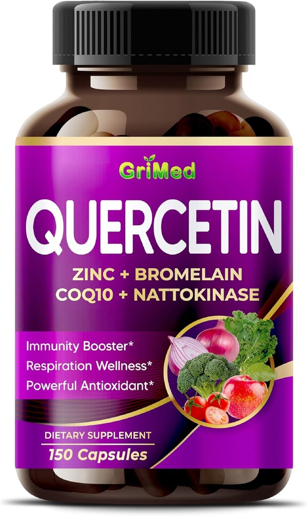GriMed Quercetin 19,800mg - X15 Power with Zinc, Bromelain, CoQ10 + Nattokinase -Immunity Booster, Powerful Antioxidant - Made in USA (150 Count (Pack of 1))