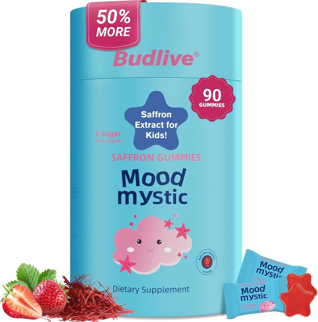 Saffron Gummies for Kids - Saffron Extract Supplements with GABA, Mood Munchies Calms Temper Tantrums, Supports Happy Mood & Cognition, Focus Calm Gummies for Kids 4+, Sugar Free Strawberry, 90 Counts