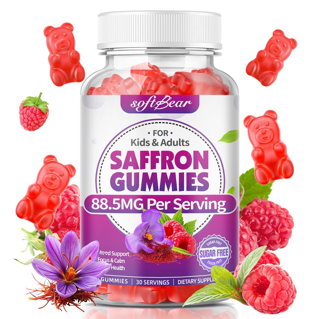 softbear Saffron Gummies for Kids & Adults, 10-in-1 Organic Saffron Supplements with 88.5mg Saffron Extract Support Calm Mind & Focus & Zzz, Sugar Free/Non-GMO, Raspberry Flavor 60 Count